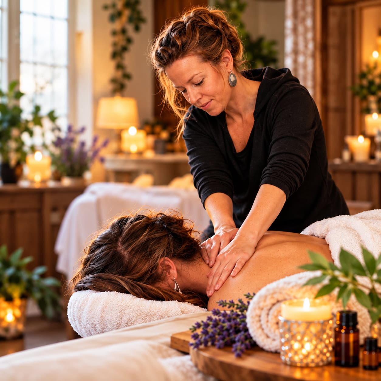 A massage therapist provides a shoulder massage to a client in a tranquil, candlelit spa setting.