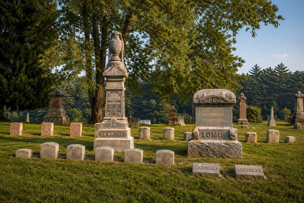 A serene cemetery scene featuring ornate gravestones surrounded by lush trees.
