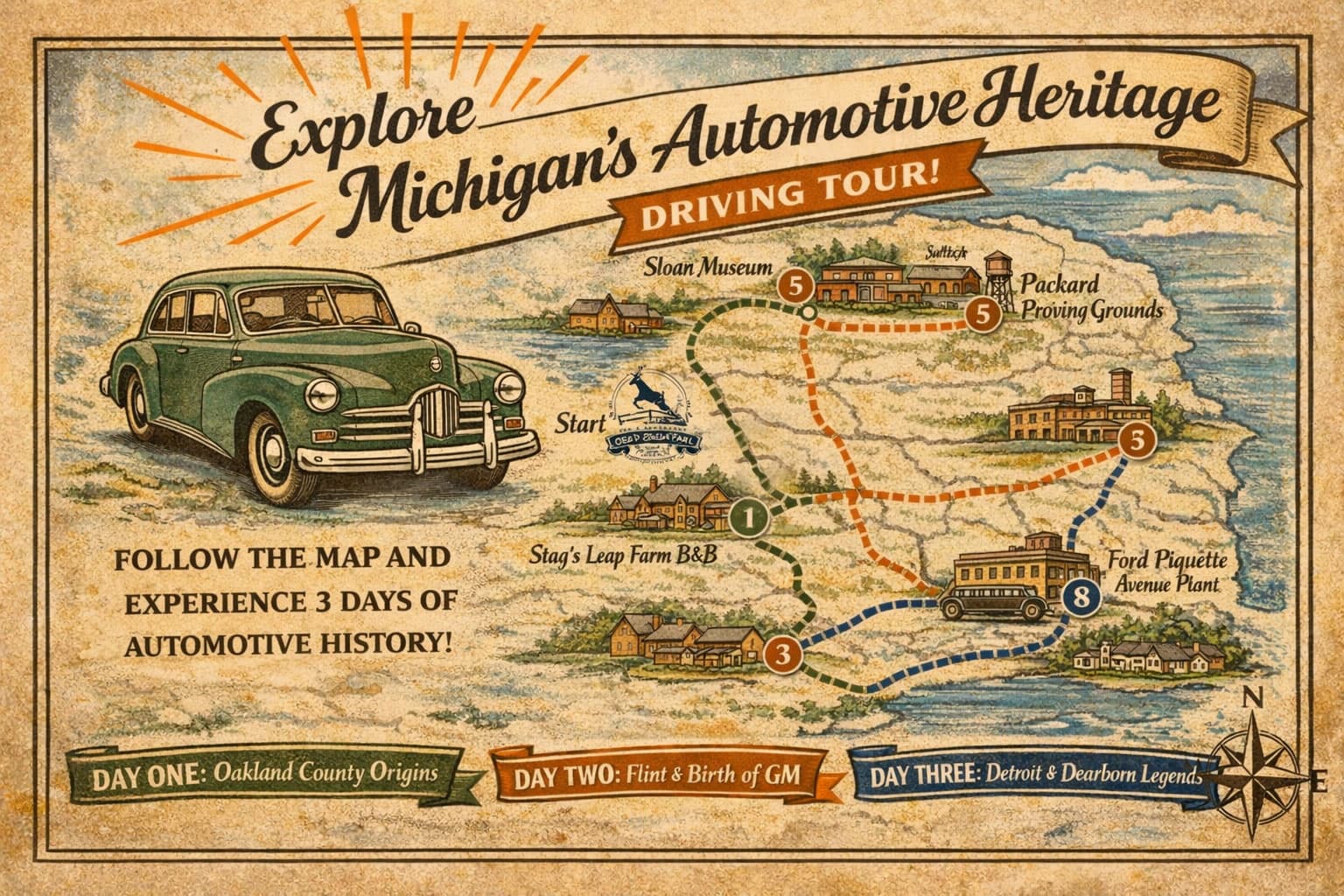 A vintage-style map promoting a three-day driving tour of Michigan's automotive history, featuring key locations and landmarks.