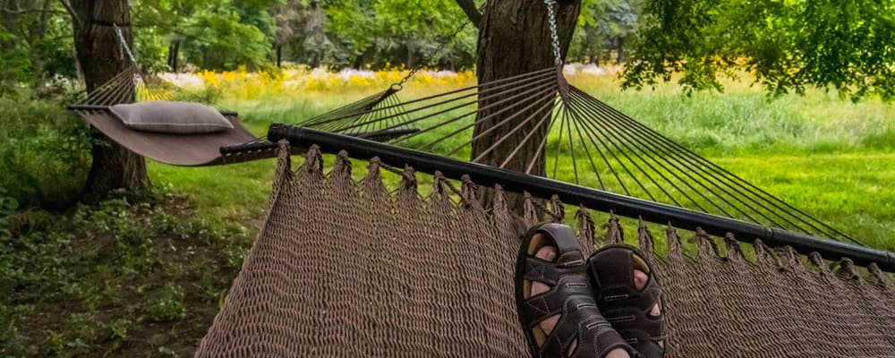 A person relaxing in a hammock surrounded by greenery.