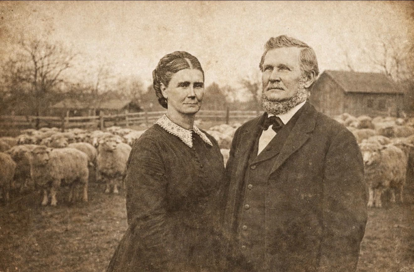 A couple stands together in front of a flock of sheep on a farm.