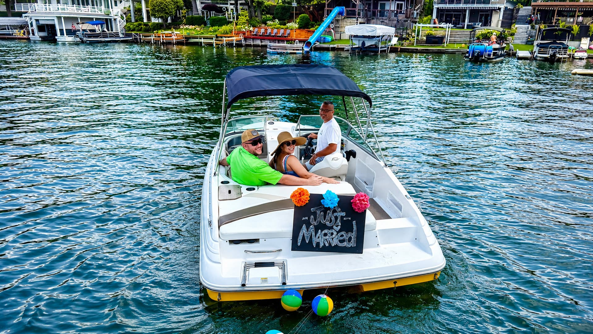 A boat with three people celebrates a wedding, featuring a "Just Married" sign adorned with colorful decorations.