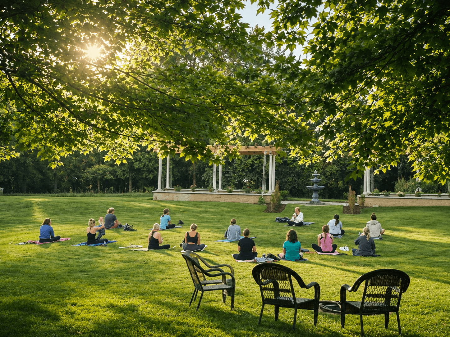 A group of people practicing yoga on a grassy lawn under trees.