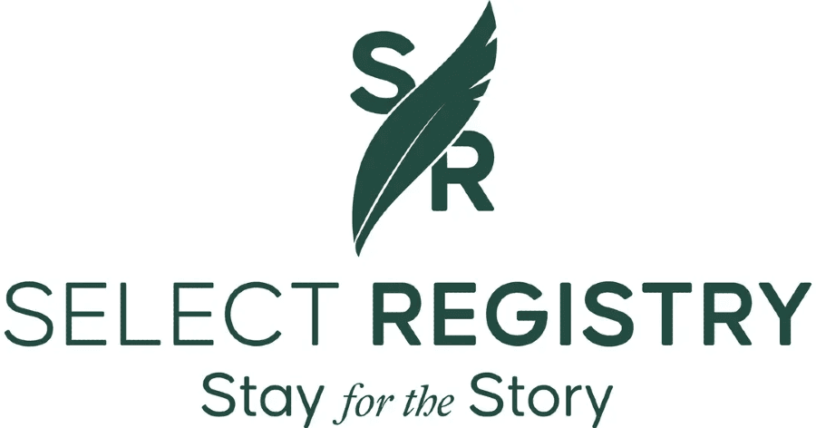 Logo for Select Registry featuring the initials "SR" with a leaf design and the tagline "Stay for the Story."