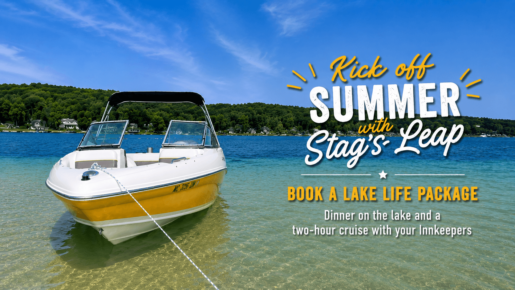 A boat is anchored on clear water with lush greenery in the background, promoting a summer lake life package.
